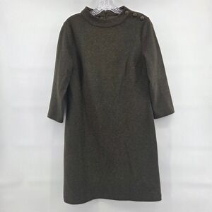 TALBOTS Dress Small Olive Army Green Speckled Mock Neck‎ Decorative Buttons